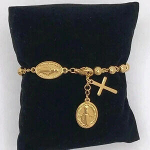 Pretty Gold Tone Stainless Steel Rosary Bracelet NWT